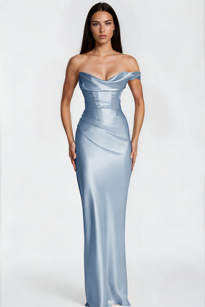 Hannah Blue One Shoulder Satin Maxi Dress