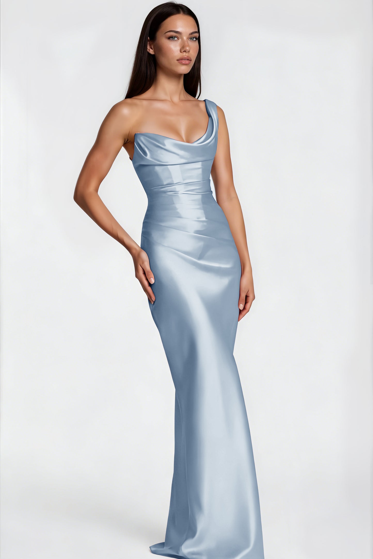 Hannah Blue One Shoulder Satin Maxi Dress