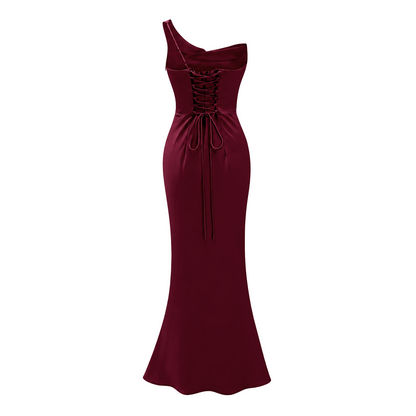Hannah Burgundy One Shoulder Satin Maxi Dress