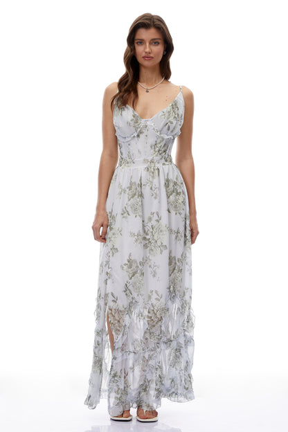 Hanne Green Floral V-Neck Sleeveless Maxi Dress