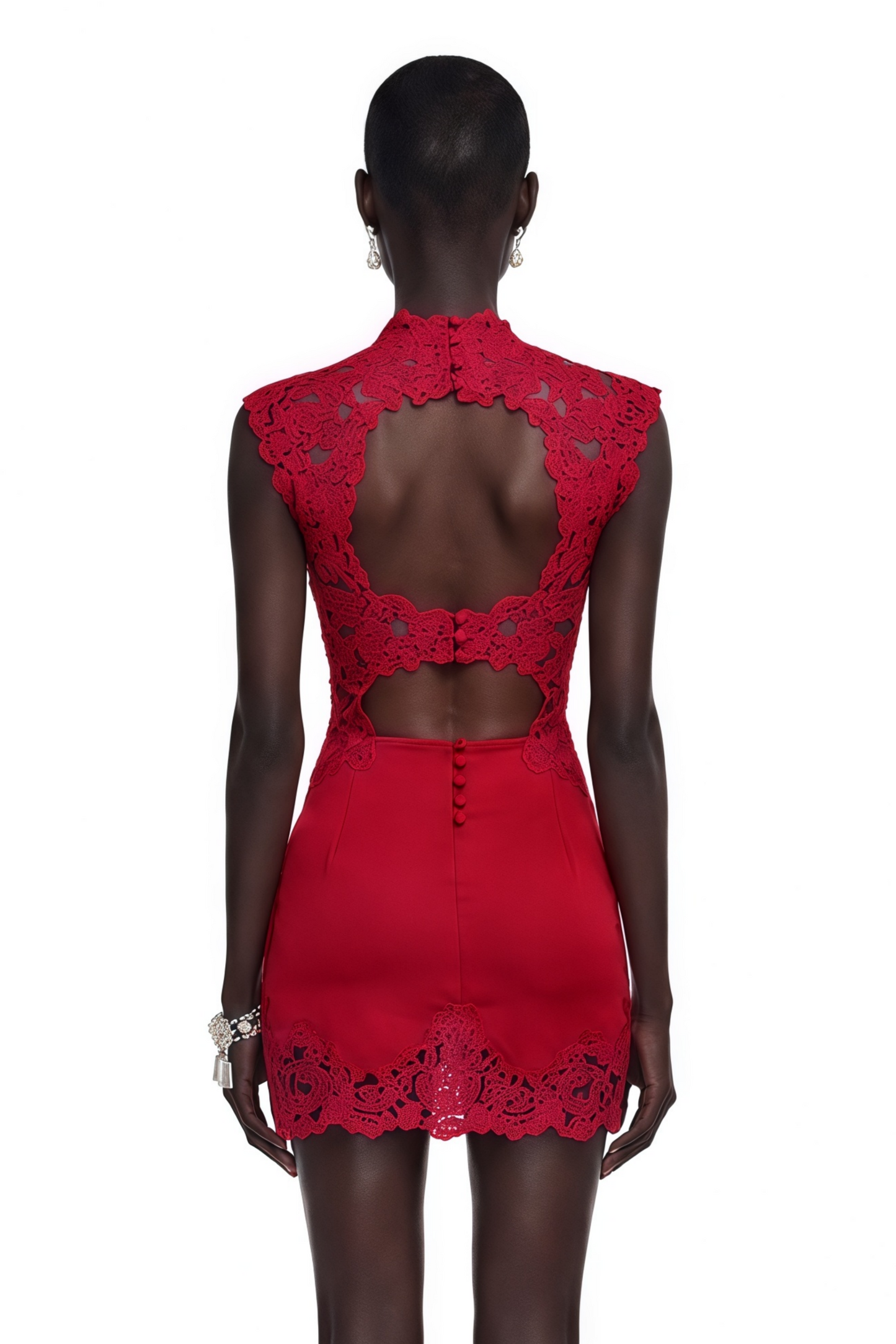 Flavie Red Satin Mini Dress with Lace Trim