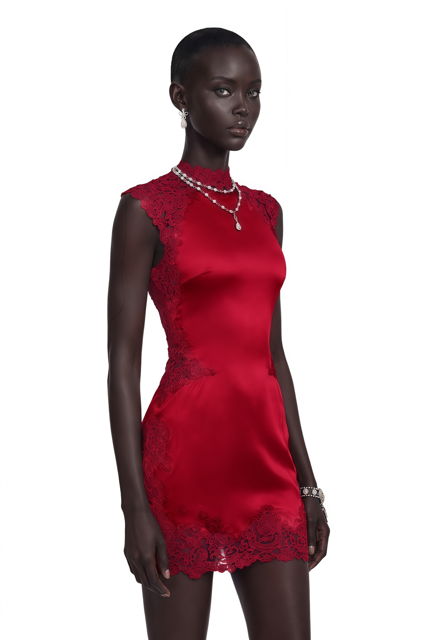 Flavie Red Satin Mini Dress with Lace Trim