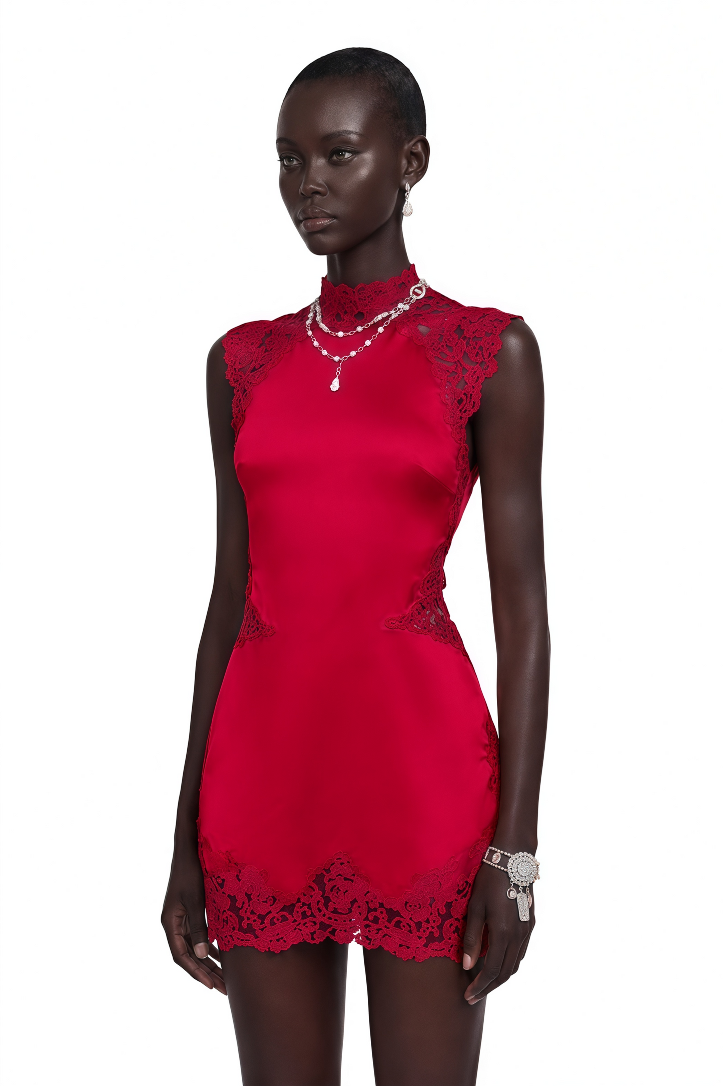 Flavie Red Satin Mini Dress with Lace Trim