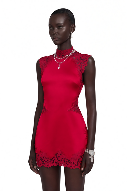 Flavie Red Satin Mini Dress with Lace Trim