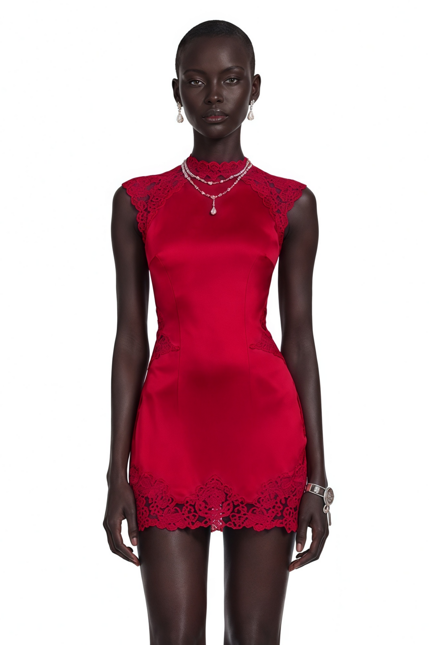 Flavie Red Satin Mini Dress with Lace Trim