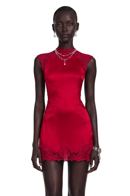 Flavie Red Satin Mini Dress with Lace Trim