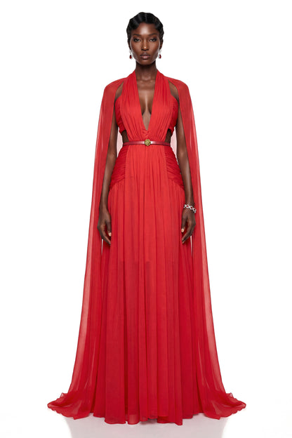 Harper Red Plunge Halterneck Maxi Dress with Cape