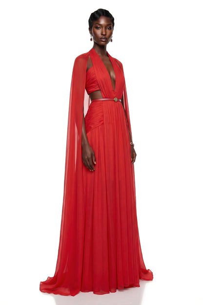 Harper Red Plunge Halterneck Maxi Dress with Cape