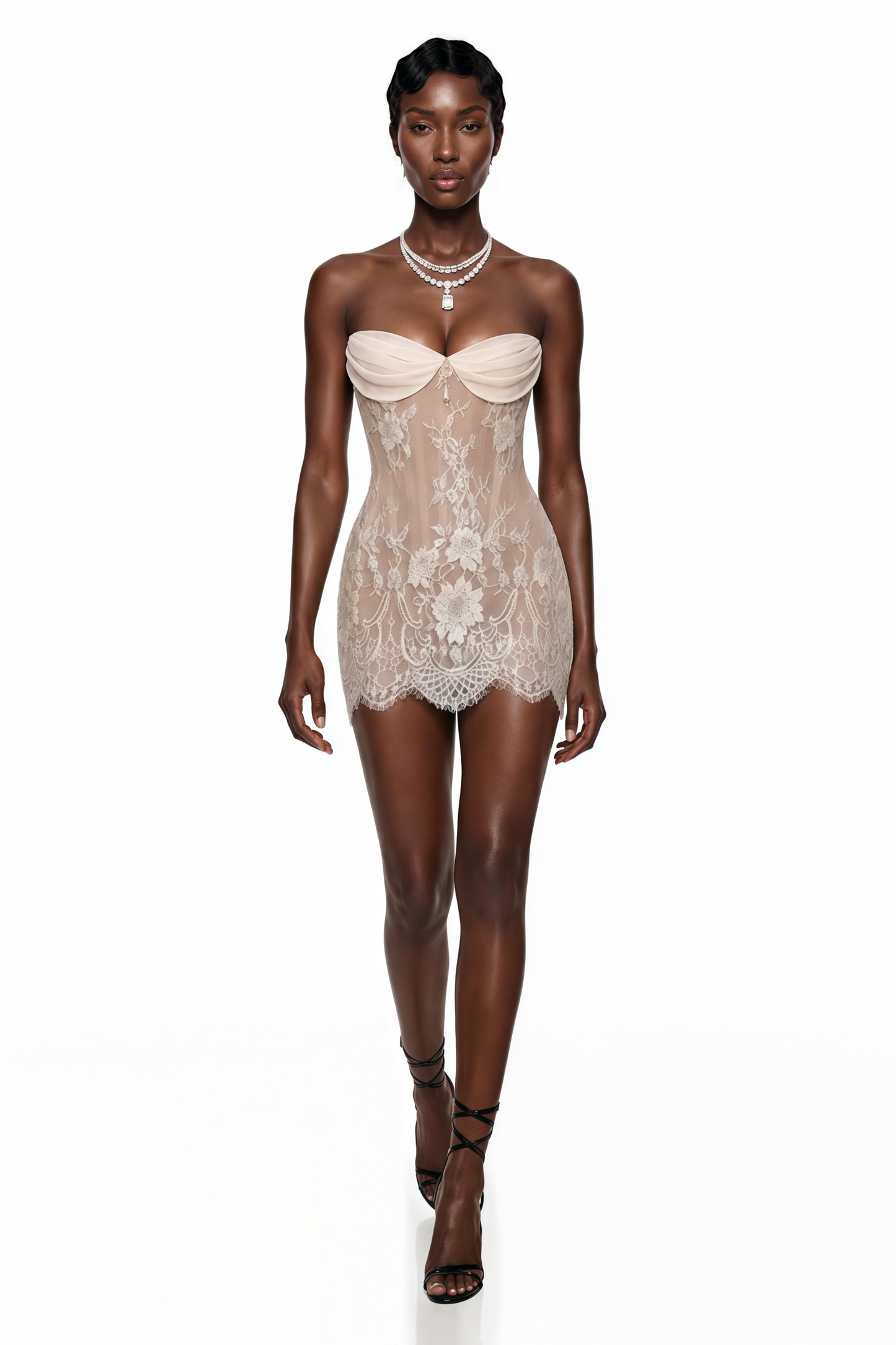 Harriet Neutrals Embellished Floral Lace Mini Dress