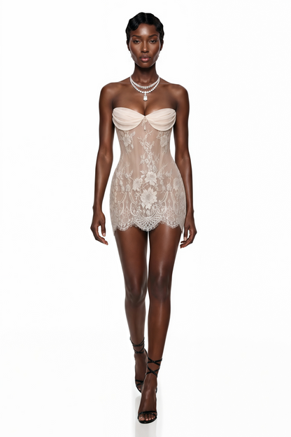 Harriet Neutrals Embellished Floral Lace Mini Dress