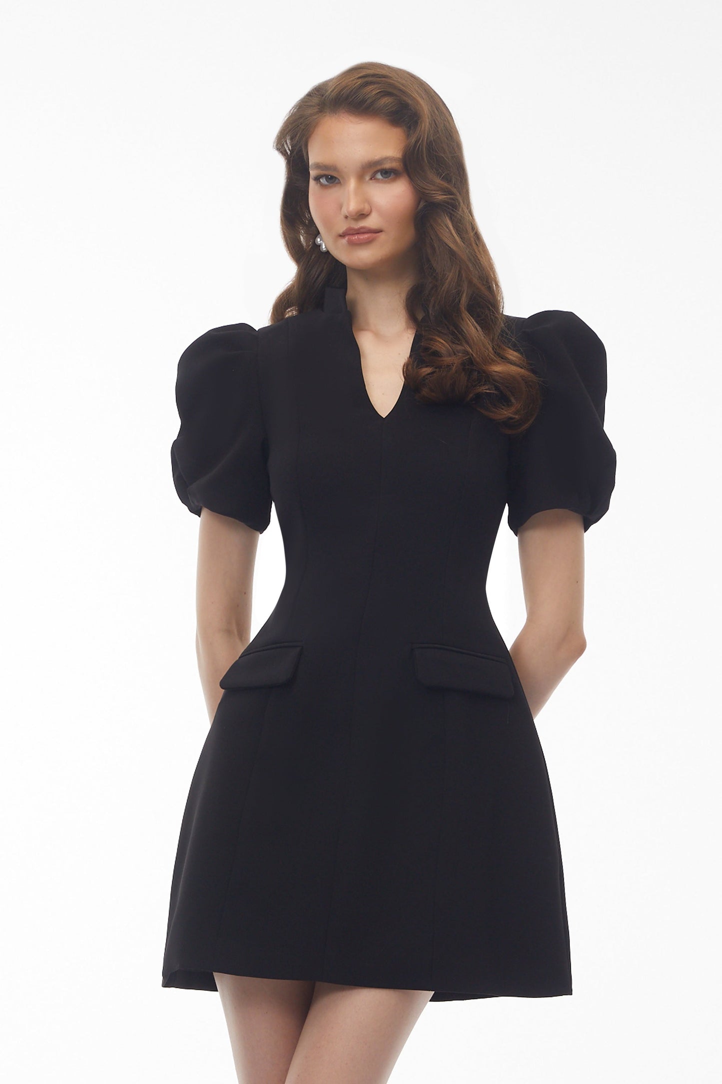 Hazel Black V-Neck Puff Sleeve Mini Dress