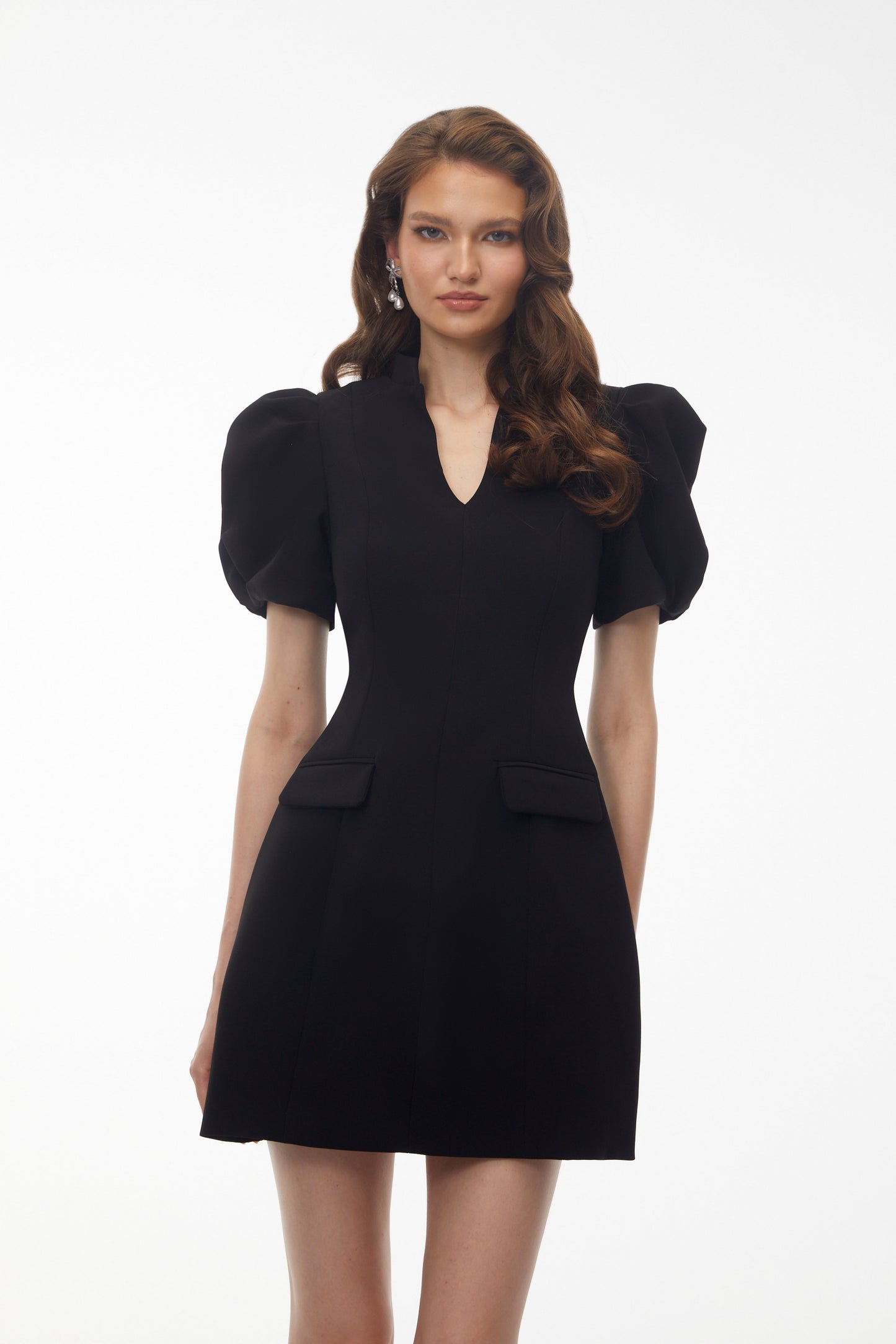 Hazel Black V-Neck Puff Sleeve Mini Dress