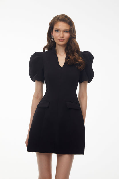 Hazel Black V-Neck Puff Sleeve Mini Dress