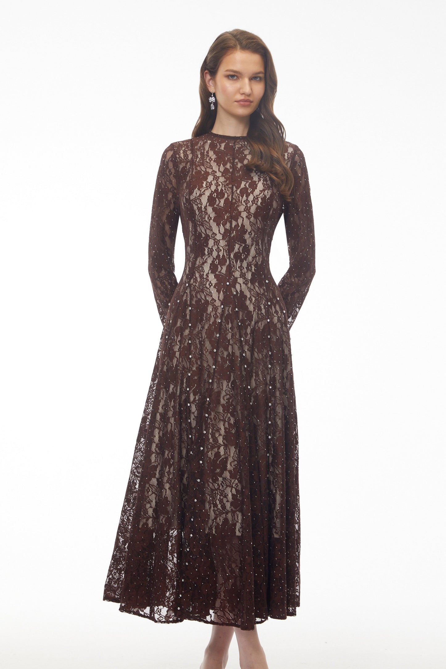 Hazel Brown Round Neck Floral Lace Maxi Dress