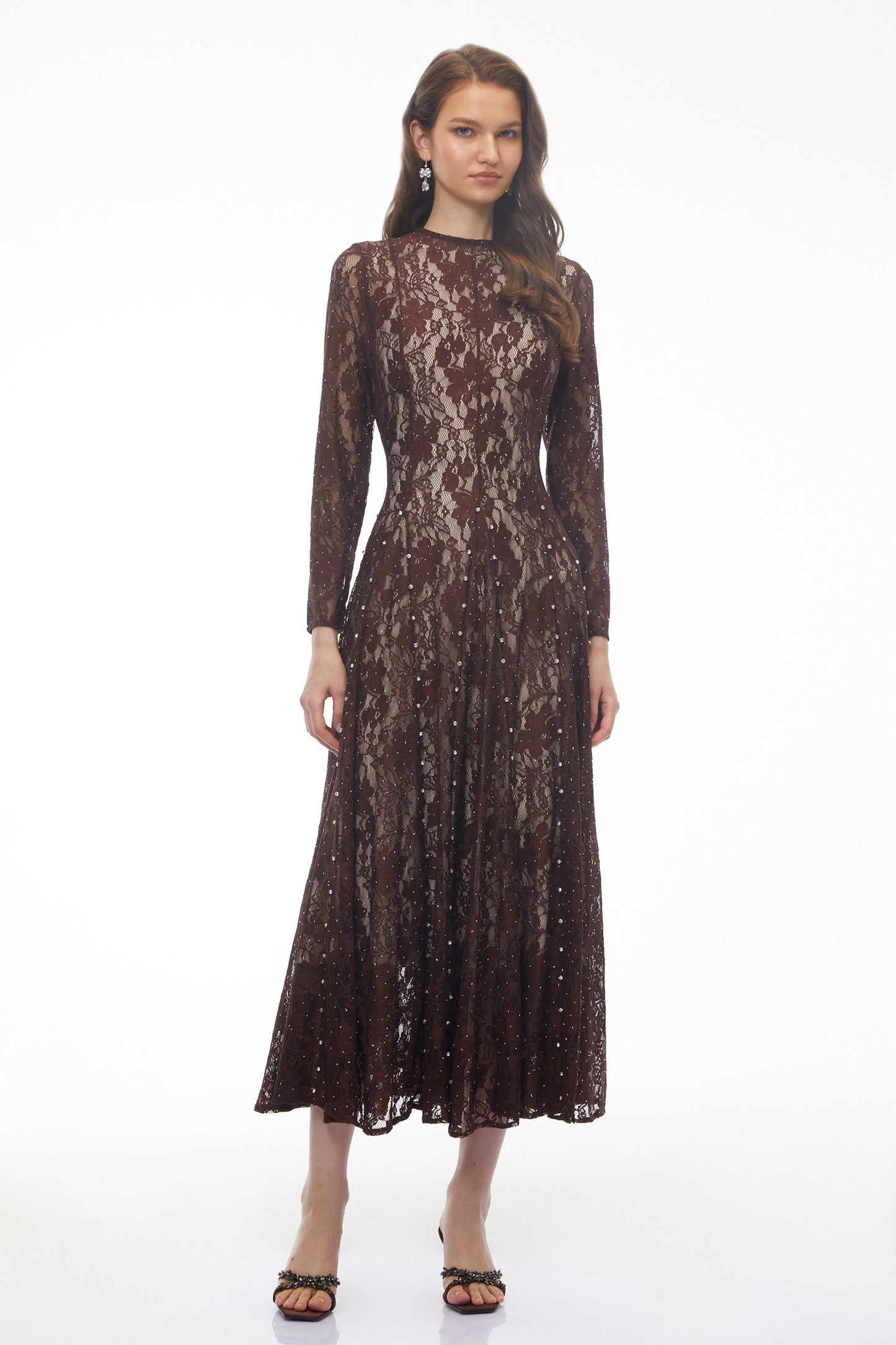 Hazel Brown Round Neck Floral Lace Maxi Dress
