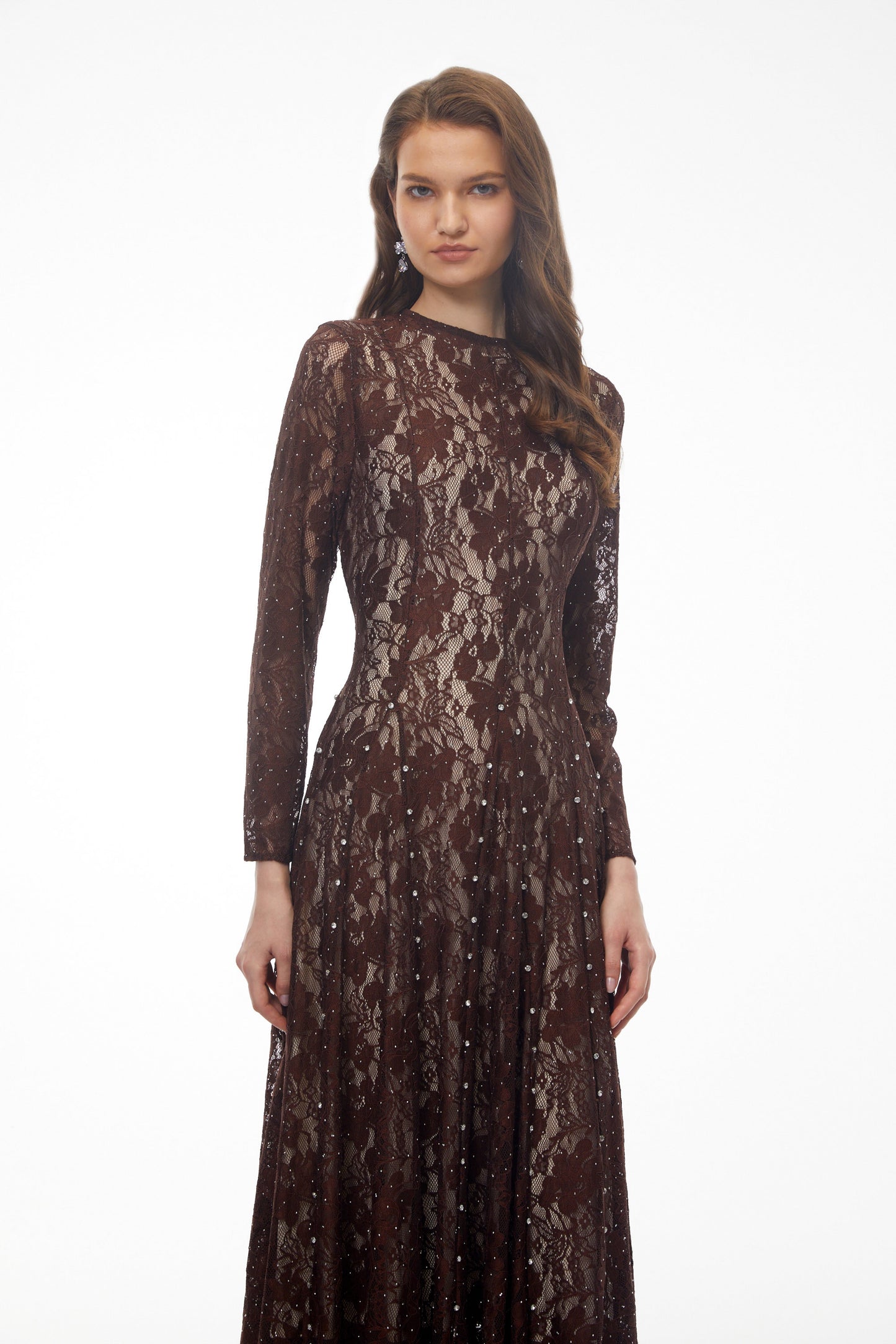Hazel Brown Round Neck Floral Lace Maxi Dress