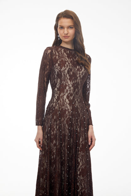 Hazel Brown Round Neck Floral Lace Maxi Dress