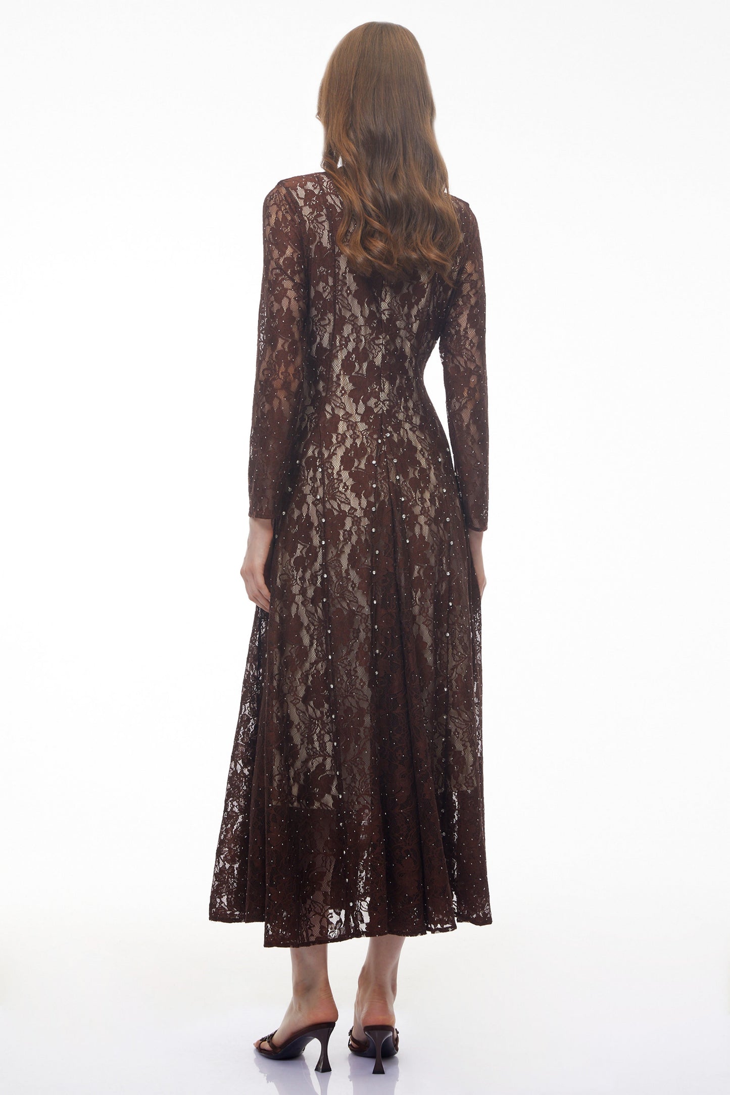 Hazel Brown Round Neck Floral Lace Maxi Dress