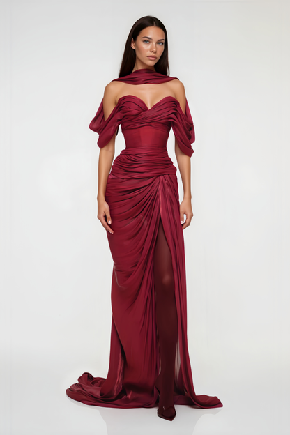 Hazel Burgundy Asymmetrical Draped Maxi Dress