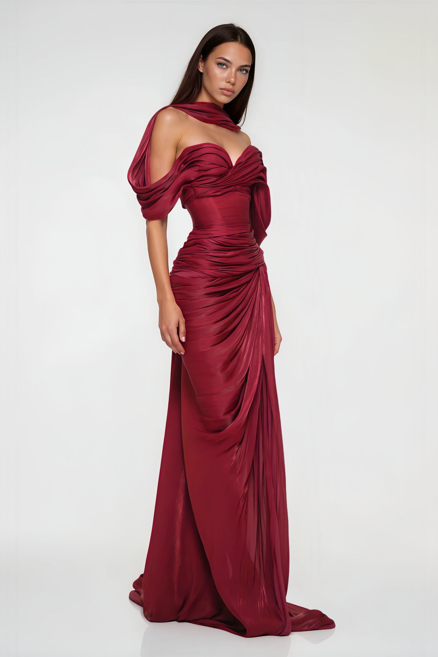 Hazel Burgundy Asymmetrical Draped Maxi Dress