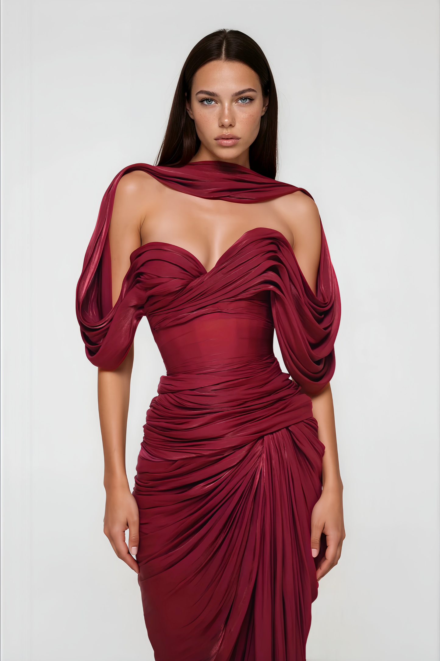 Hazel Burgundy Asymmetrical Draped Maxi Dress