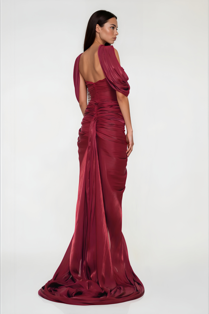 Hazel Burgundy Asymmetrical Draped Maxi Dress