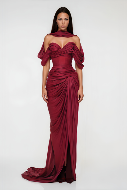 Hazel Burgundy Asymmetrical Draped Maxi Dress
