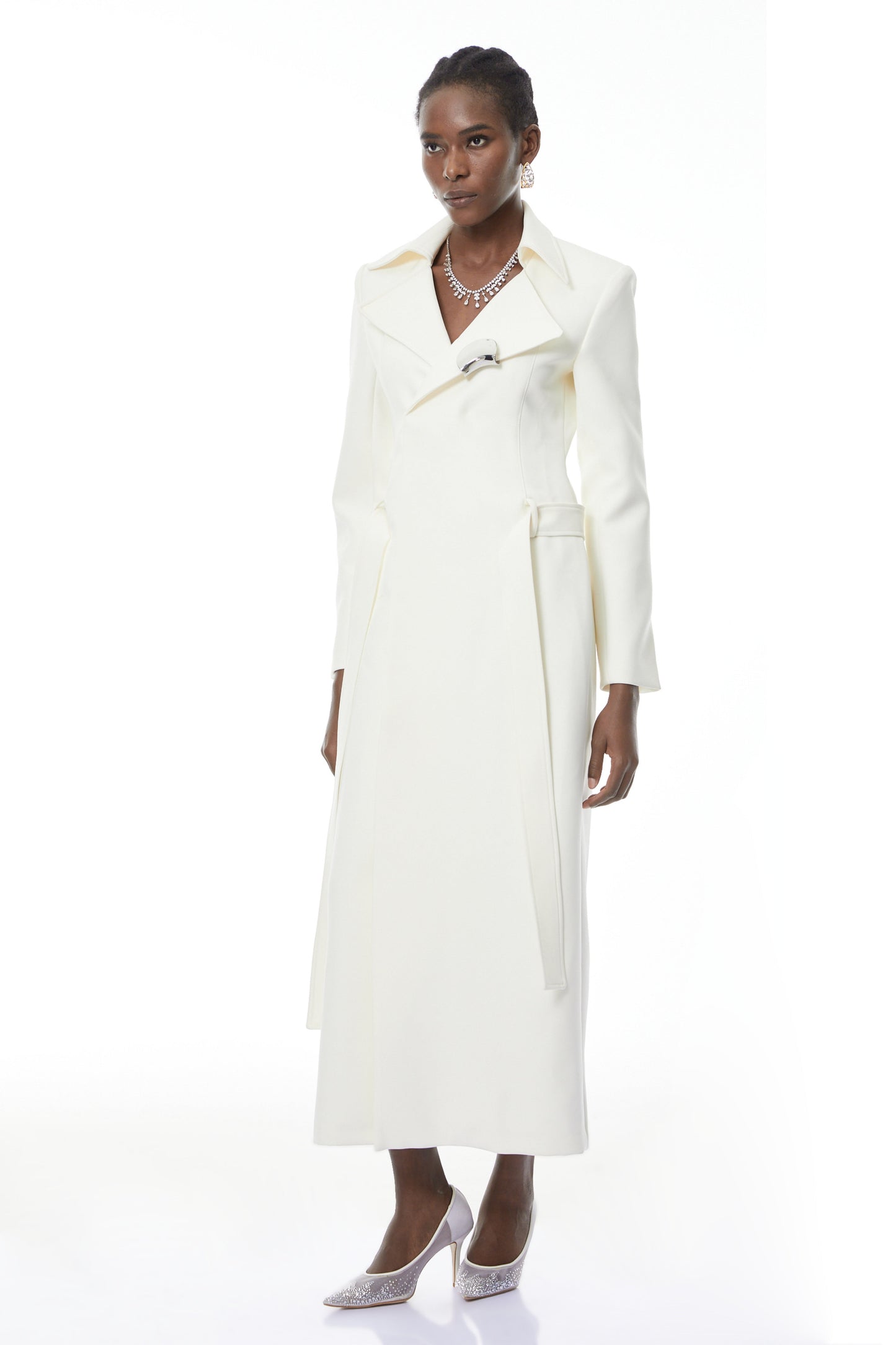 Hazel White Embellished Long Coat