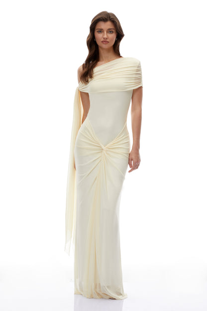 Heather Yellow One Shoulder Asymmetrical Maxi Dress