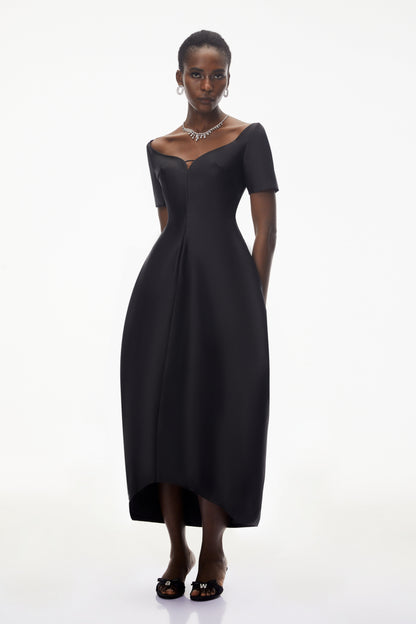 Heidi Black Plunge Neck Asymmetrical Midi Dress