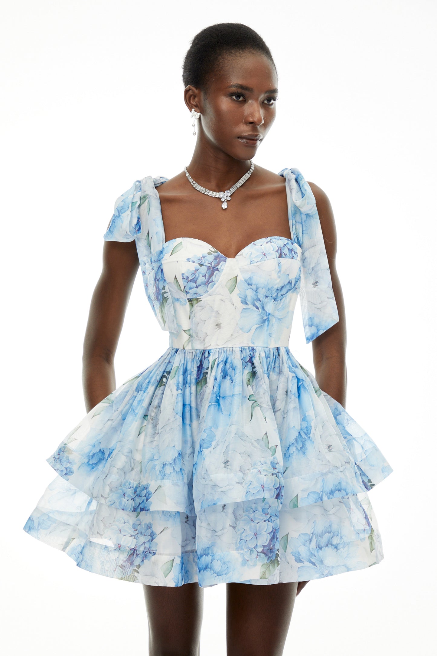 Hélène Blue Floral Print Flounced Mini Dress