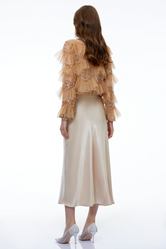 Henare Brown Rhinestone Ruffled Blouse
