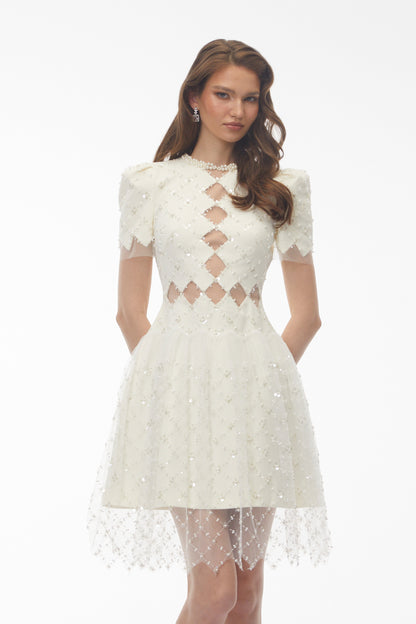 Henrietta Ivory Sequin Mini Dress with Mesh Panels