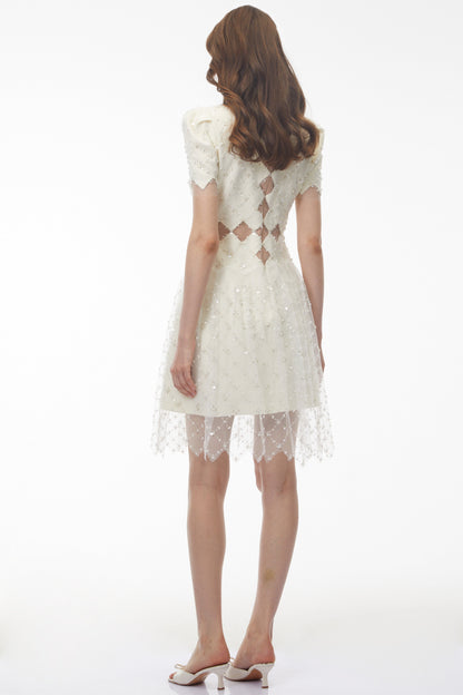 Henrietta Ivory Sequin Mini Dress with Mesh Panels