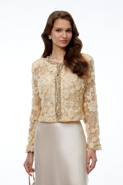 Hera Champagne Floral Embroidered Blouse with Rhinestones