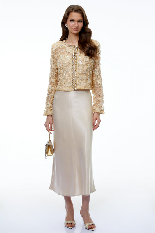 Hera Champagne Floral Embroidered Blouse with Rhinestones