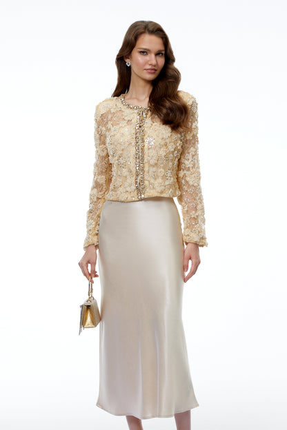 Hera Champagne Floral Embroidered Blouse with Rhinestones