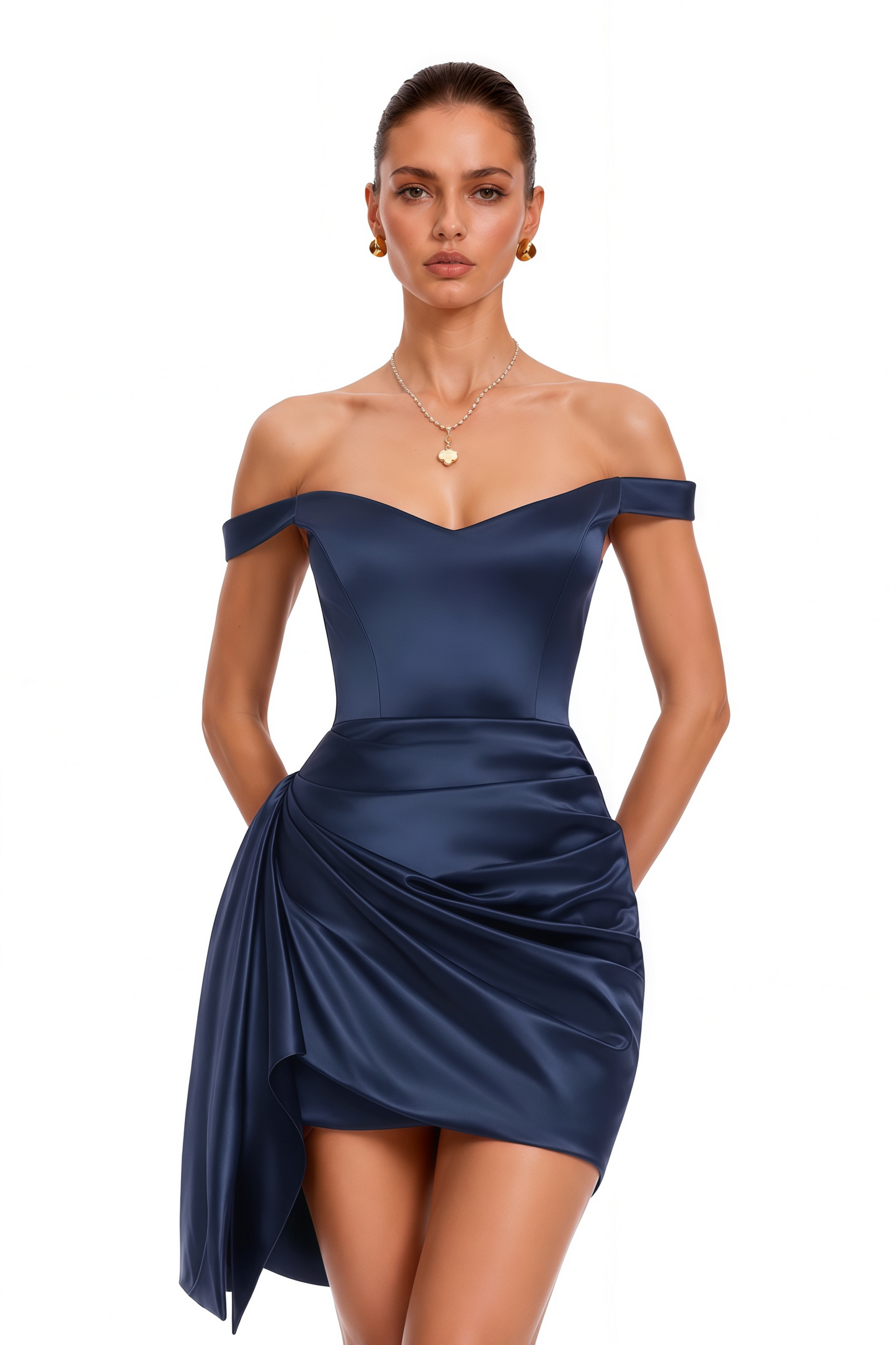 Hermia Navy Blue Off Shoulder Asymmetrical Draped Mini Dress