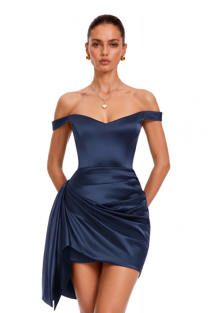 Hermia Navy Blue Off Shoulder Asymmetrical Draped Mini Dress