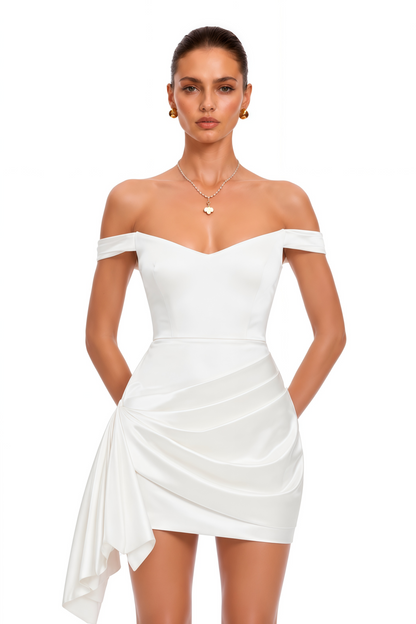 Hermia White Off Shoulder Asymmetrical Draped Mini Dress