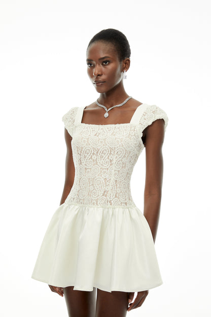 Hermione White Square Neck Mini Dress with Lace Panels