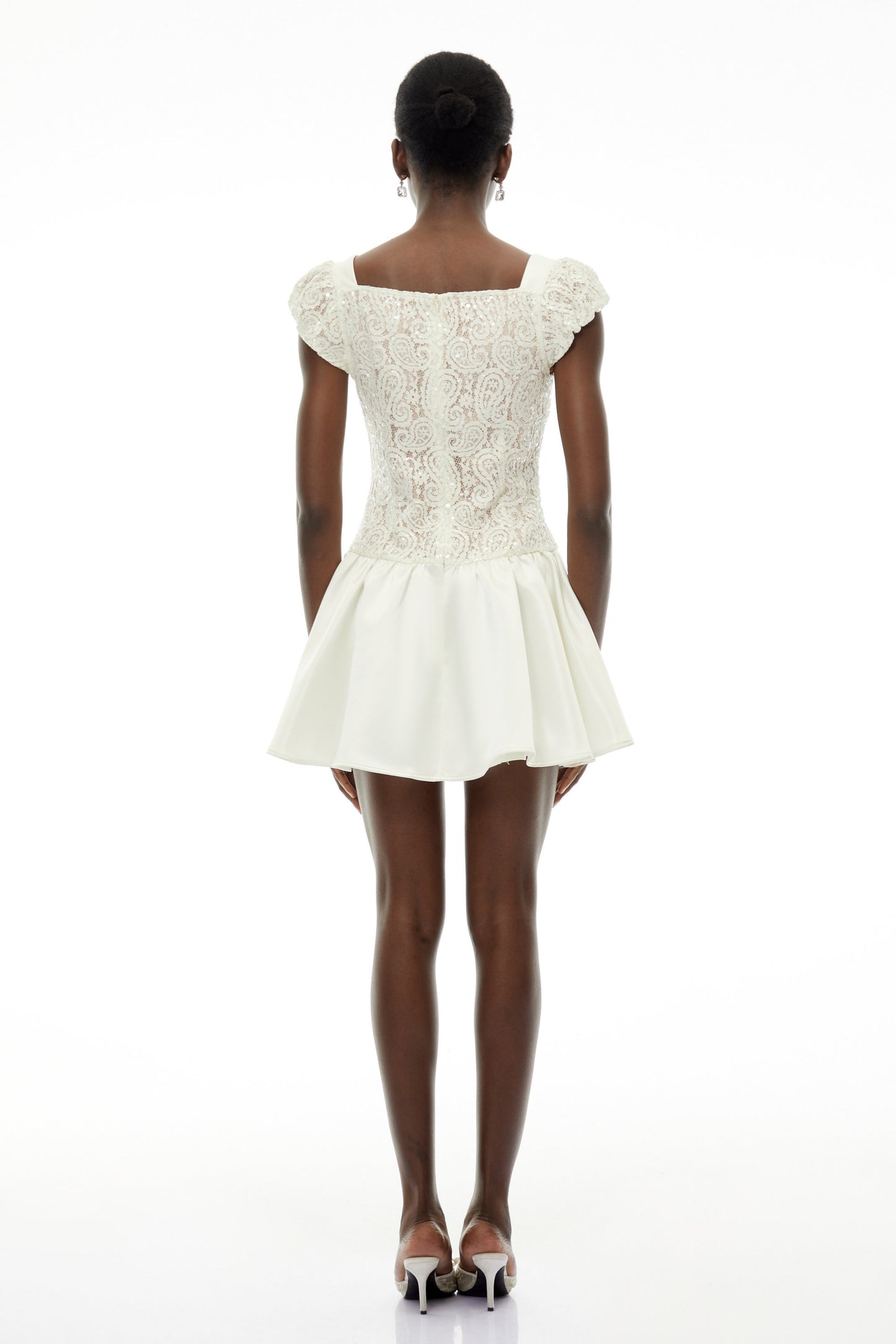 Hermione White Square Neck Mini Dress with Lace Panels