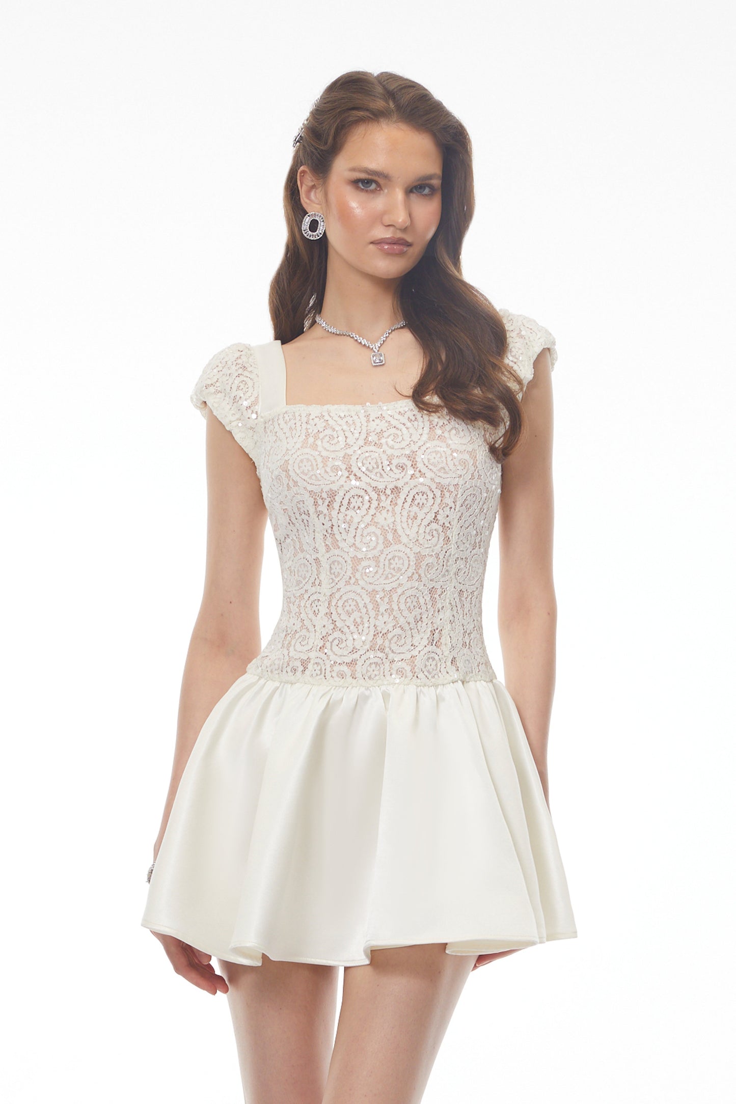 Hermione White Square Neck Mini Dress with Lace Panels