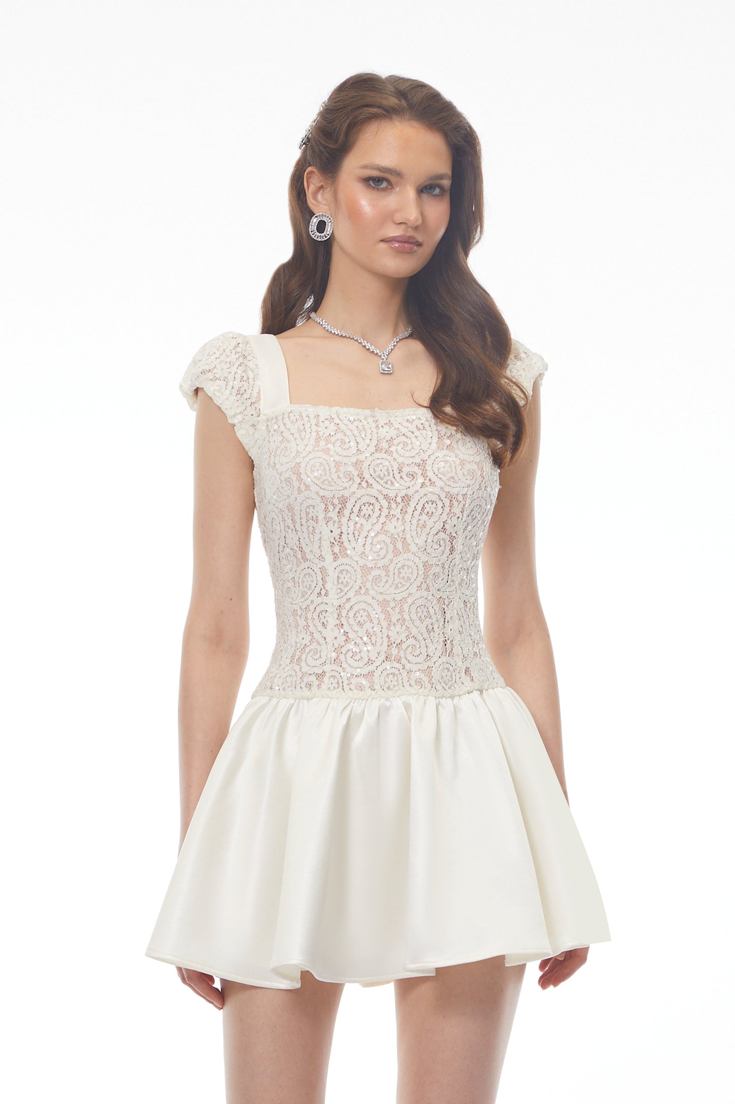 Hermione White Square Neck Mini Dress with Lace Panels