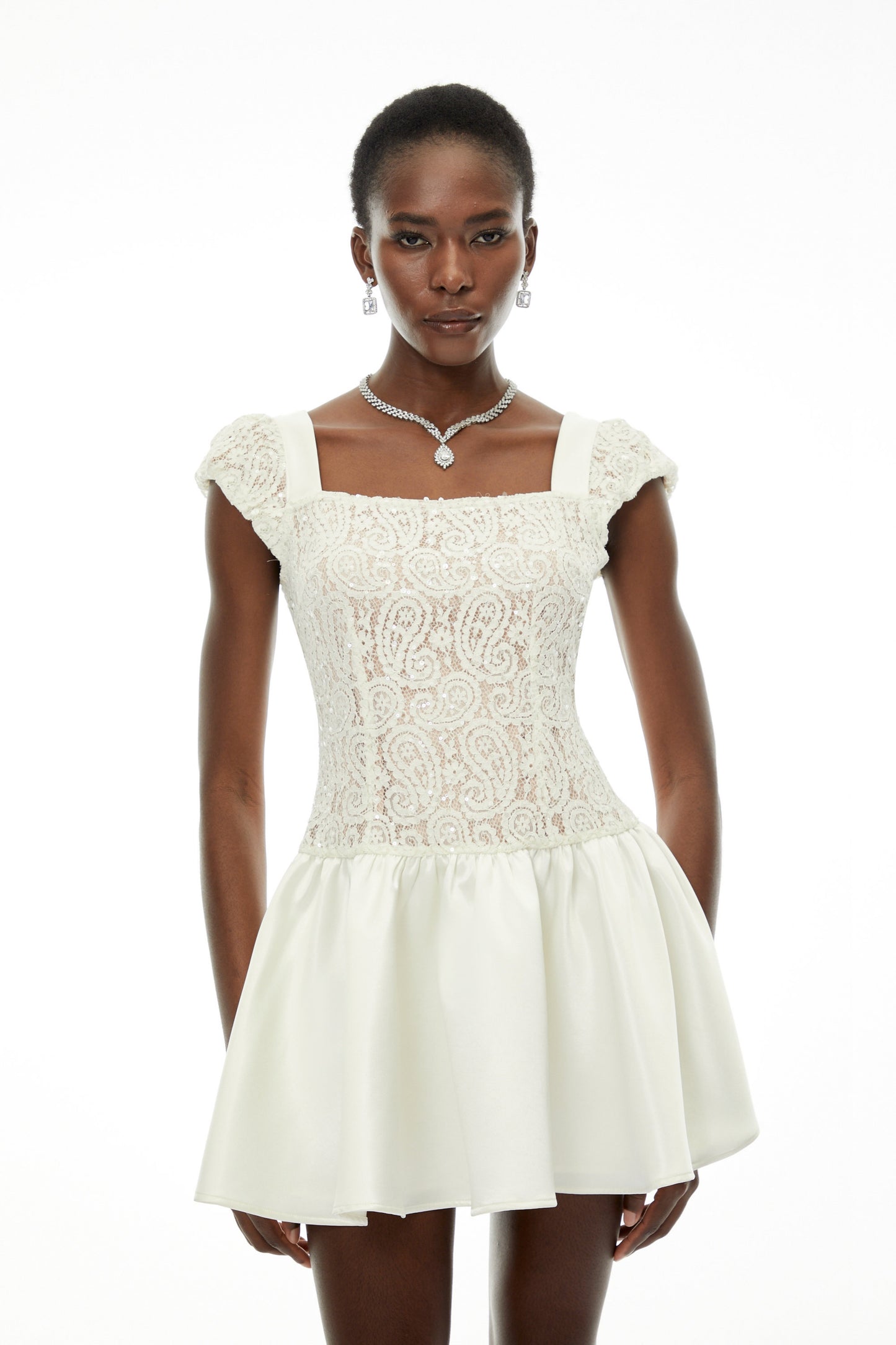 Hermione White Square Neck Mini Dress with Lace Panels