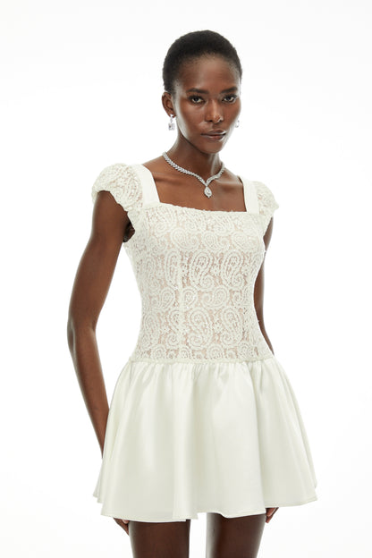 Hermione White Square Neck Mini Dress with Lace Panels