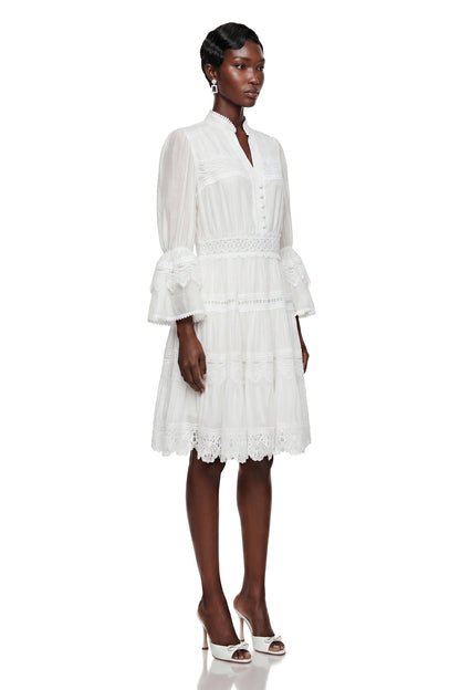 Hespera White Ruffled Floral Lace Mini Dress