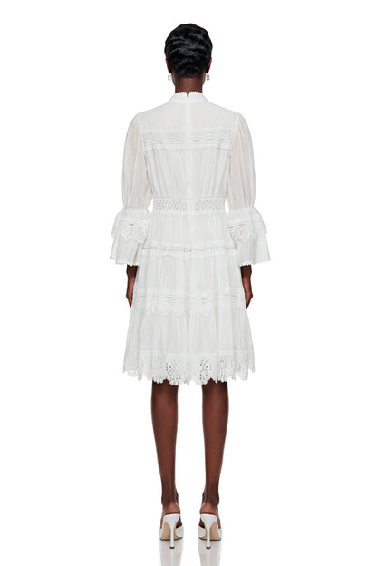 Hespera White Ruffled Floral Lace Mini Dress