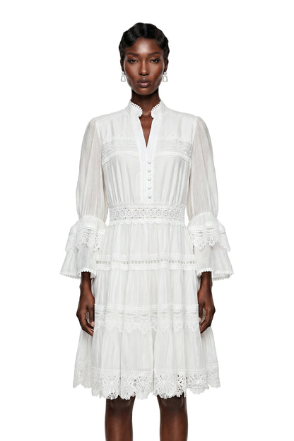 Hespera White Ruffled Floral Lace Mini Dress