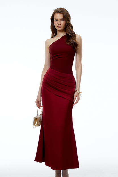 Hestia Red Ruched Maxi Dress with Satin Panels